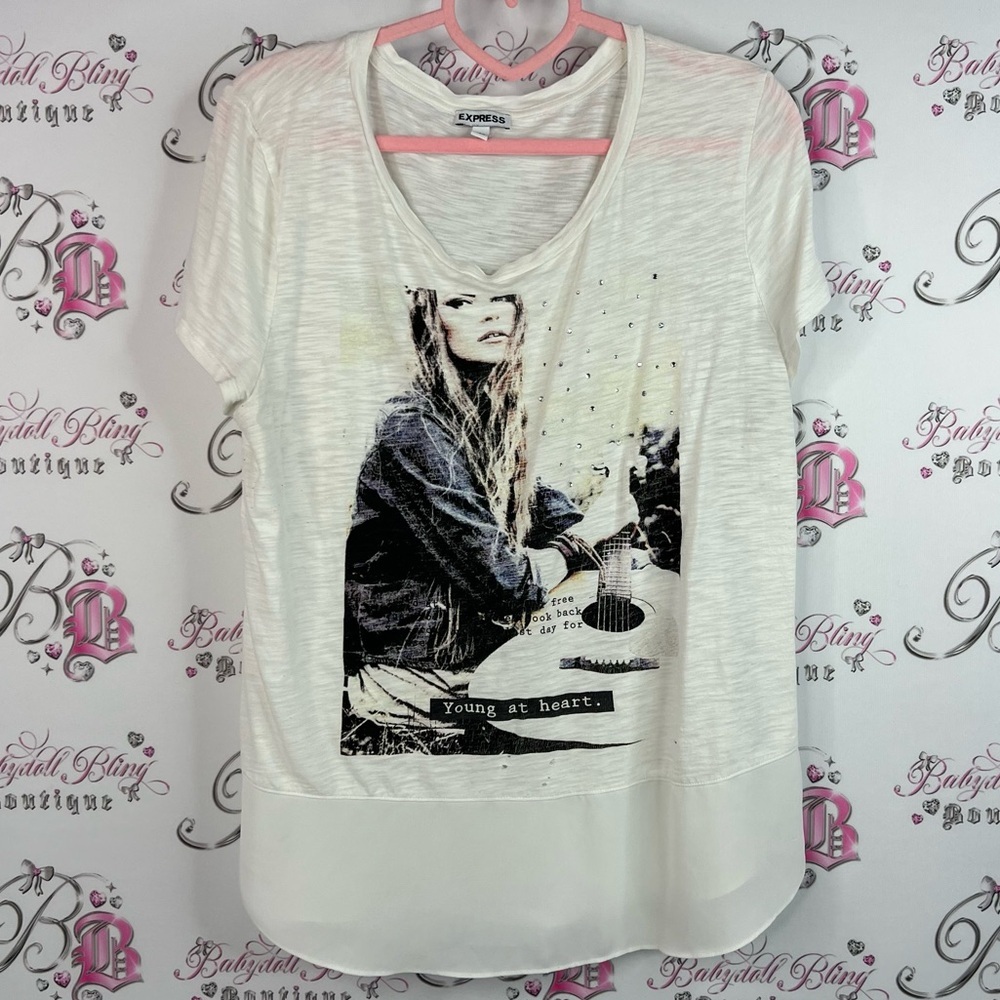 Express tshirt 2 tone mesh bottom hem bling White Graphic Short Sleeve Tee